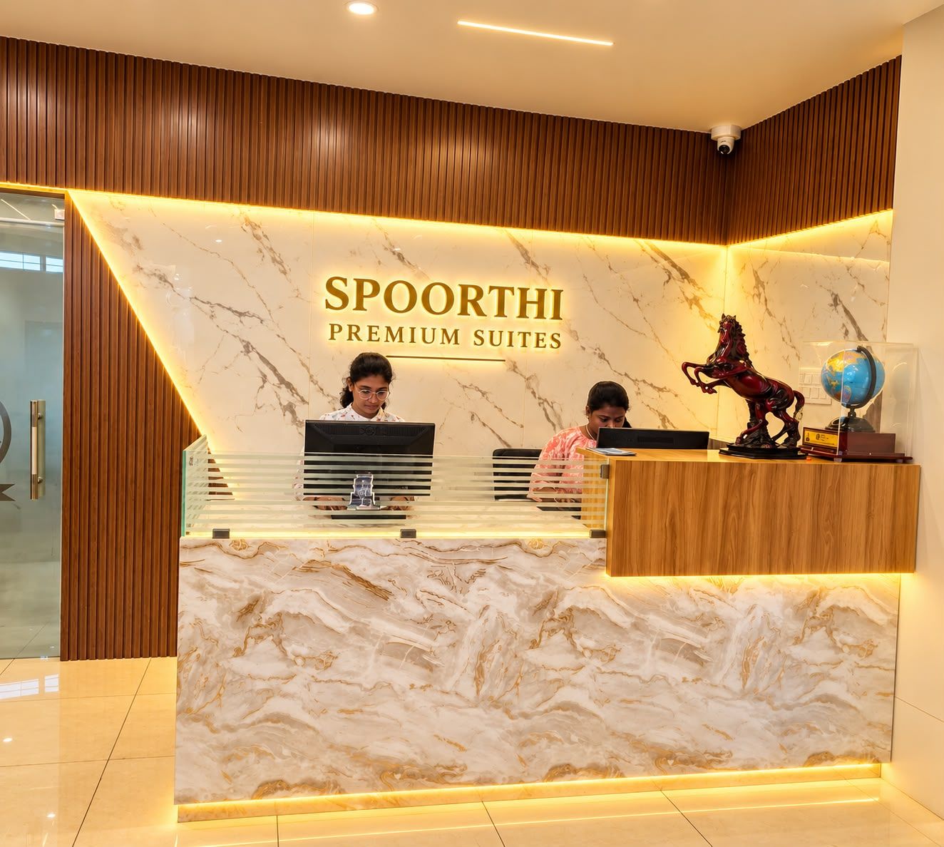 Una recepció amb taulell de marbre i un cartell que diu 'SPOORTHI PREMIUM SUITES'.