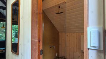 A wooden interior with a glass door leading to a bathroom, a hanging light fixture, and a visible power outlet.