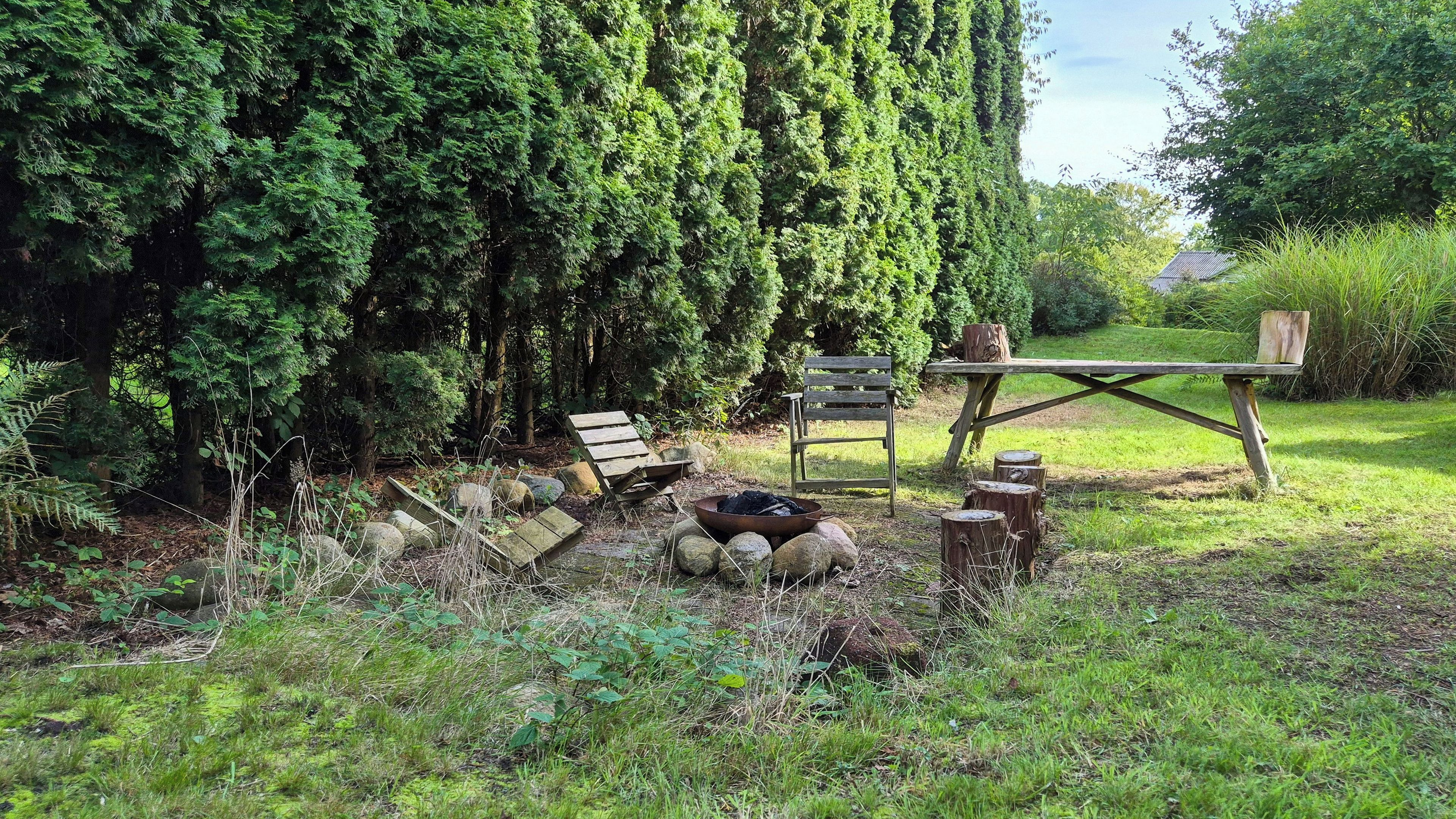 Et rustikt udendørs miljø med et træbord, bænke og et bålsted omgivet af grøn vegetation.