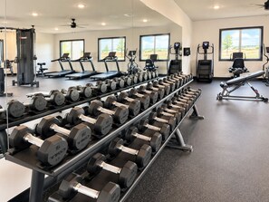 Een sportschool met rijen gewichten, loopbanden en fitnessapparatuur.