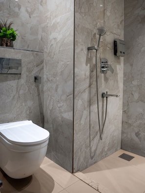 Une salle de bain moderne équipée de toilettes, d’une douche avec un pommeau de douche à main et d’un distributeur de savon fixé au mur.