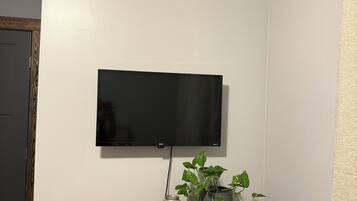 A room with a mounted flat-screen TV, a wooden table, and a potted plant.