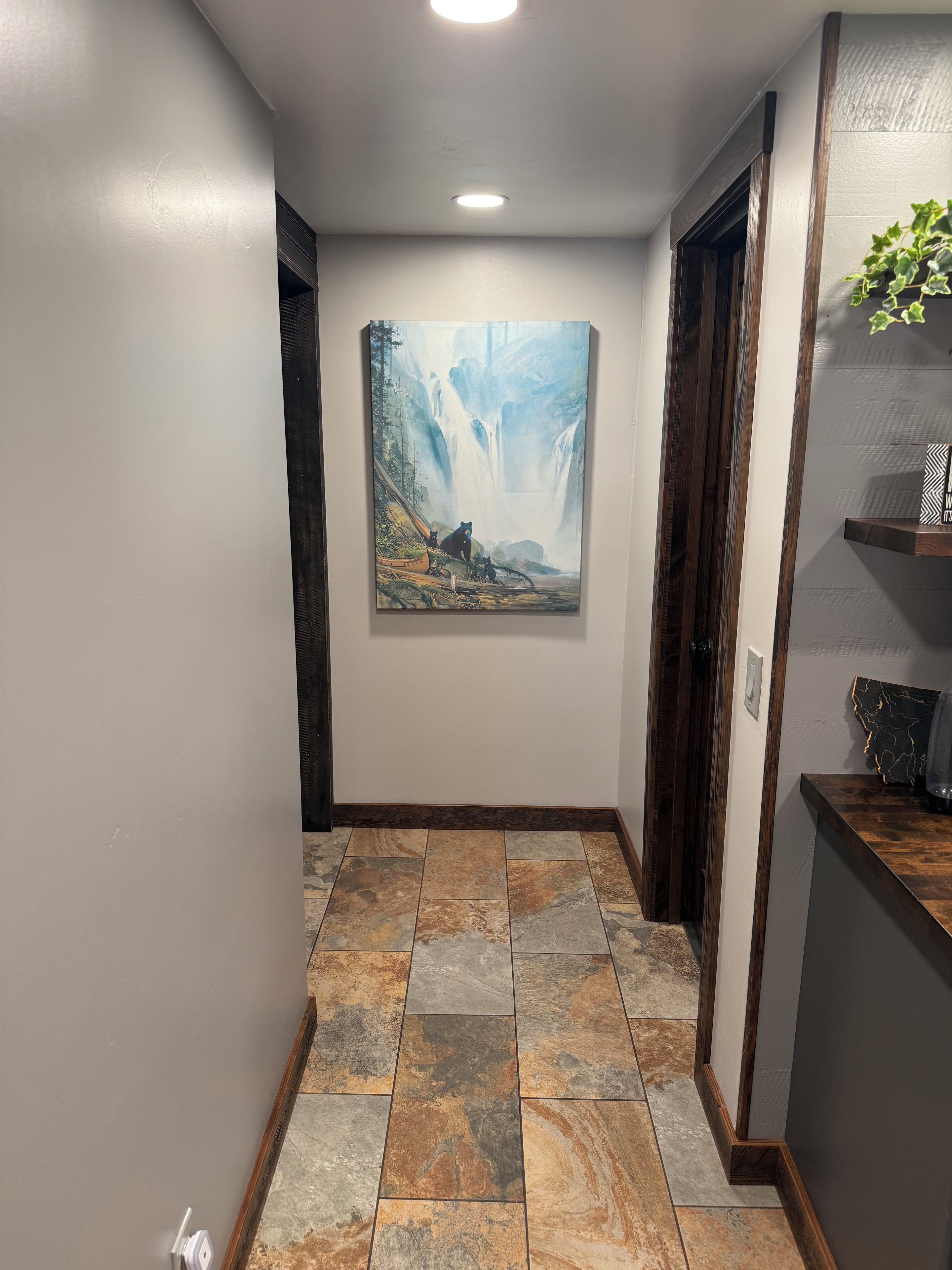 A hallway with a painting of a waterfall, a wooden door, and a tiled floor.