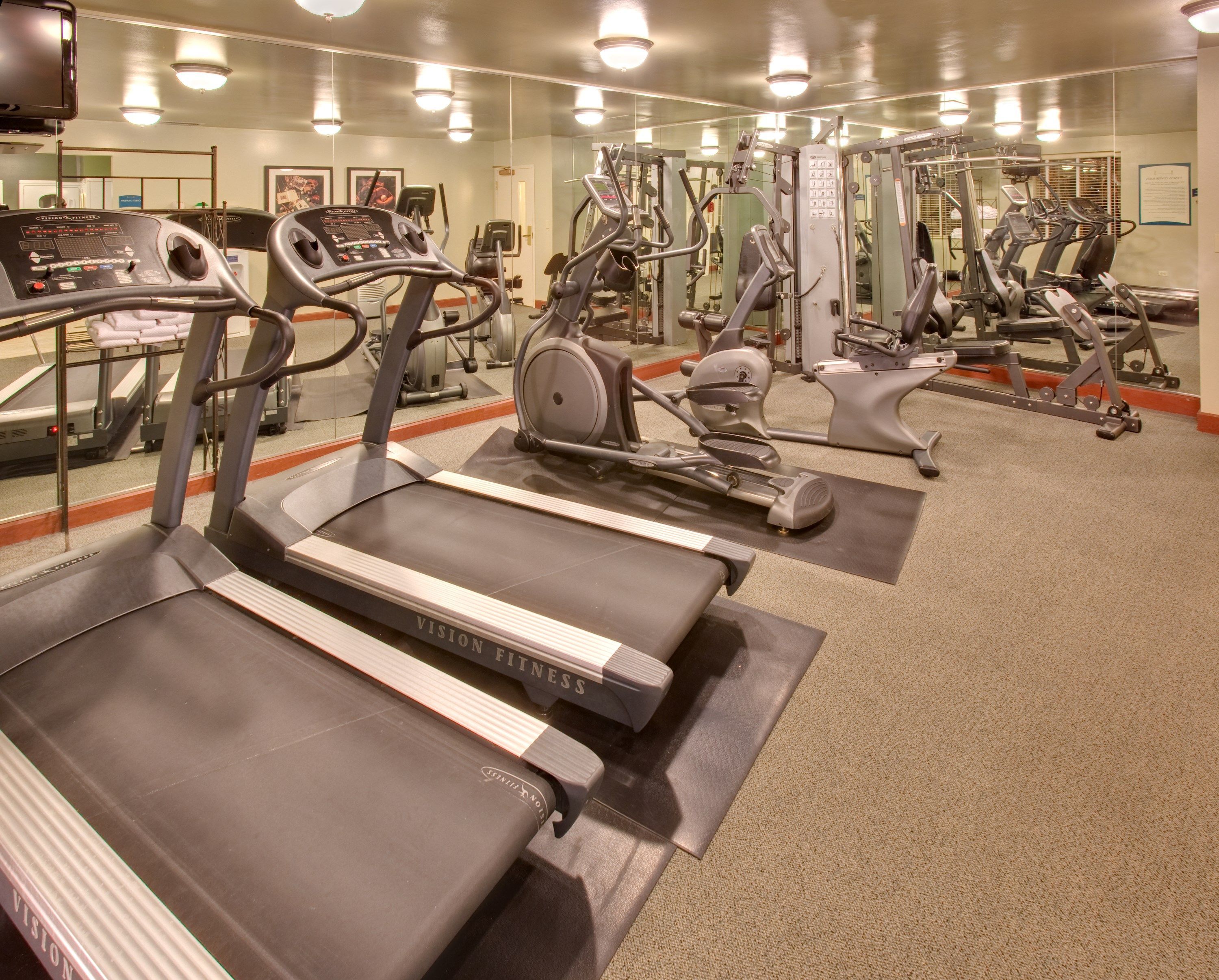 A gym with treadmills, elliptical machines, and weight equipment.