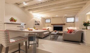 A modern living room with a fireplace, sofa, and dining area. - BEAUTIFUL 3-BEDROOM DORSODURO APARTMENT WITH PRIVATE GARDEN (Venezia)