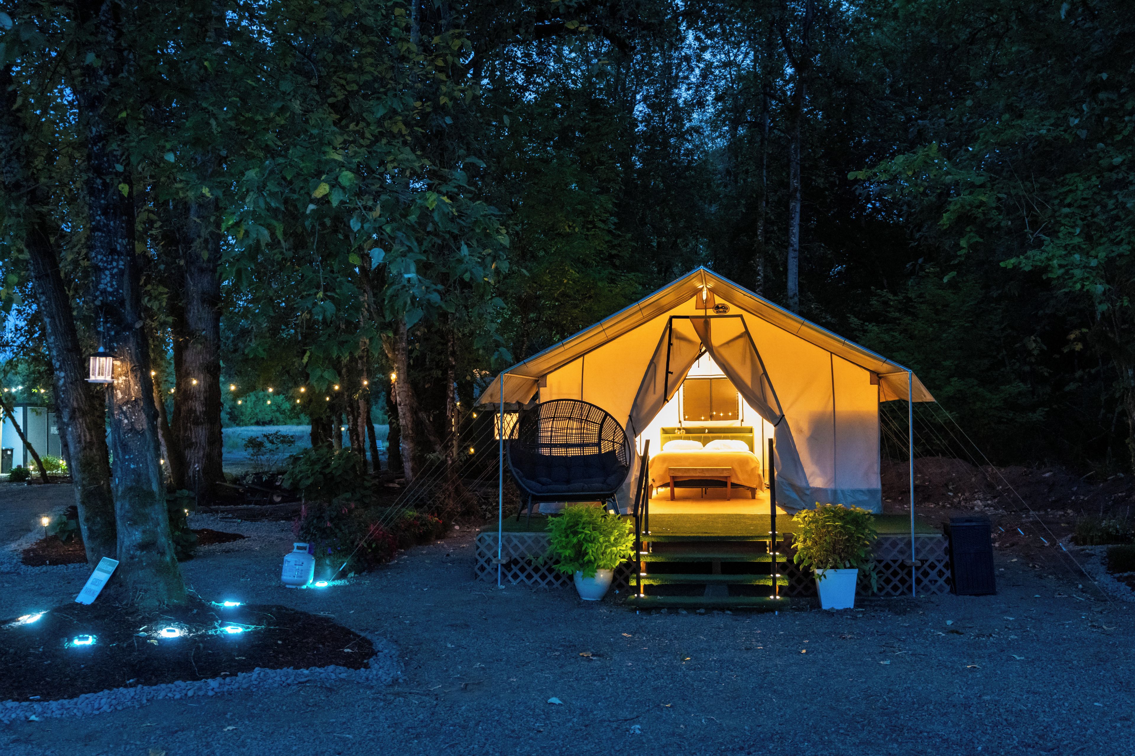 Une tente équipée d’un lit et d’un fauteuil suspendu, entourée d’arbres et illuminée par des guirlandes lumineuses.
