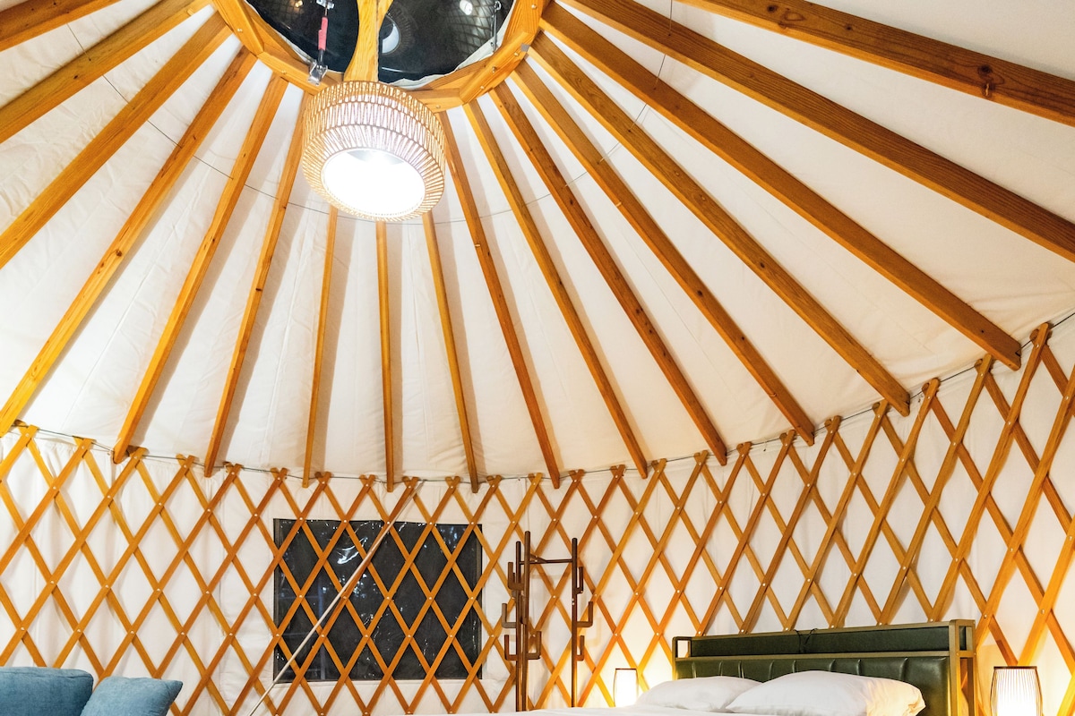 Interior de una yurta con cama, sofá azul, alfombra colorida y pared de celosía de madera.