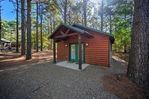 Una pequeña cabaña de madera con puerta verde, rodeada de árboles.