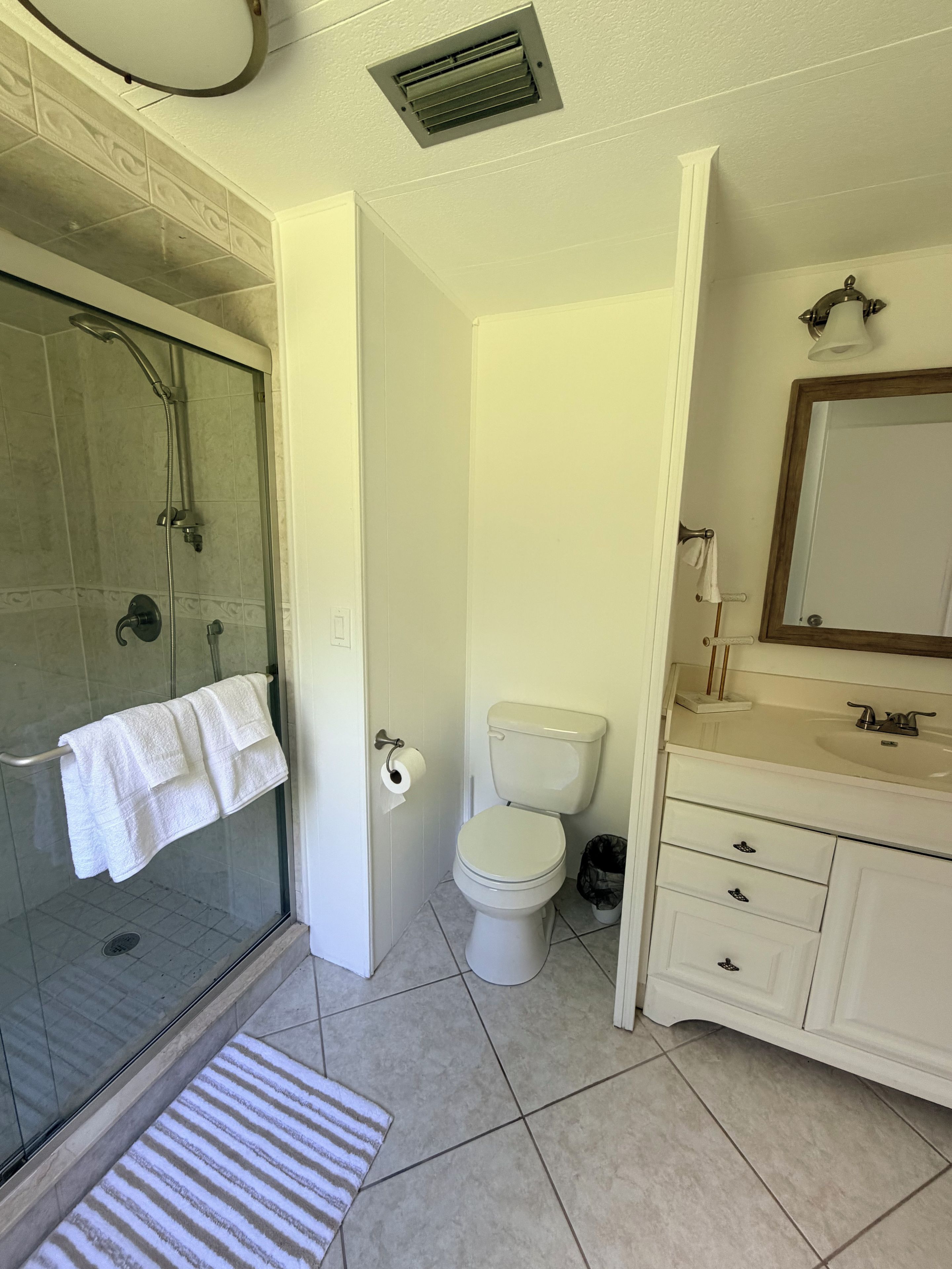A bathroom with a glass-enclosed shower, a toilet, a sink with a mirror, and a striped rug.