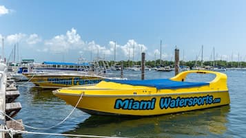 A marina with several yellow speedboats docked, one prominently displaying 'Miami Watersports.com'.