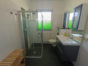 A modern bathroom with a glass-enclosed shower, a toilet, and a vanity with a mirror. - Vrbo Property (Joachimsthal)