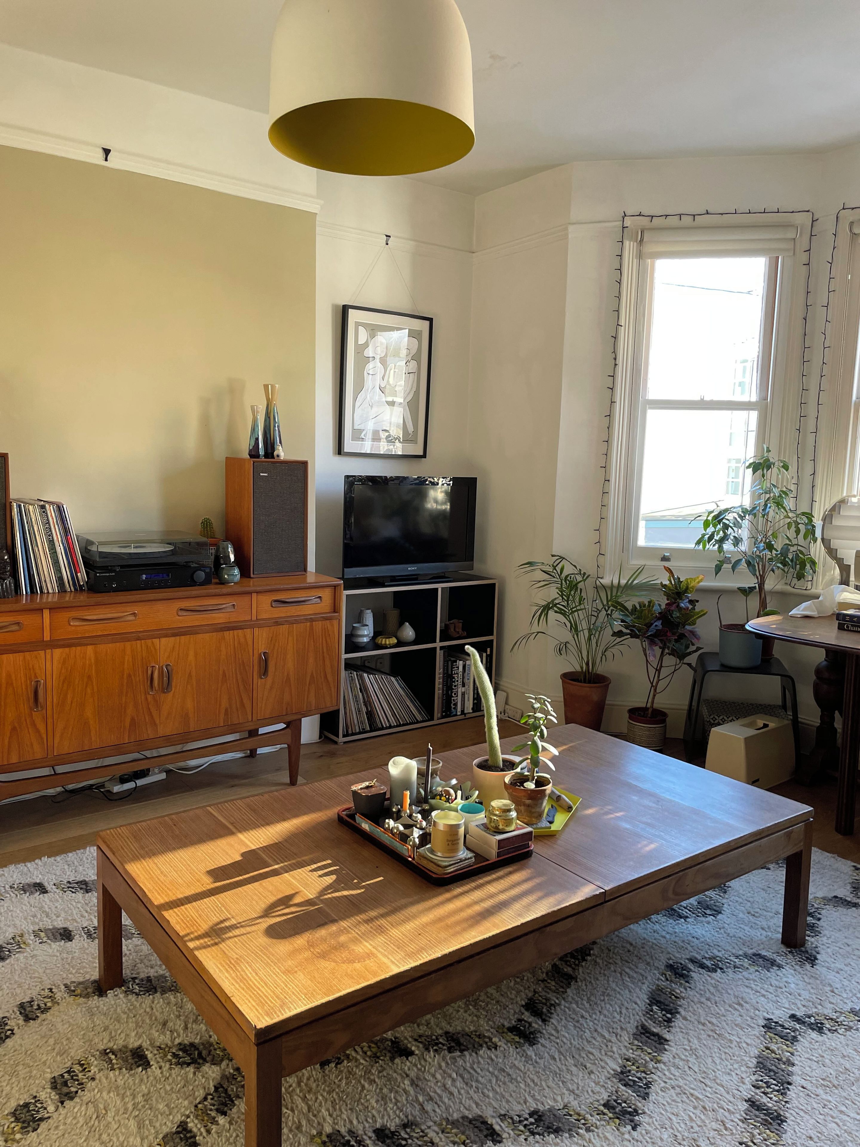 Una sala de estar con una mesa de centro de madera, un televisor, un armario y una planta en maceta.