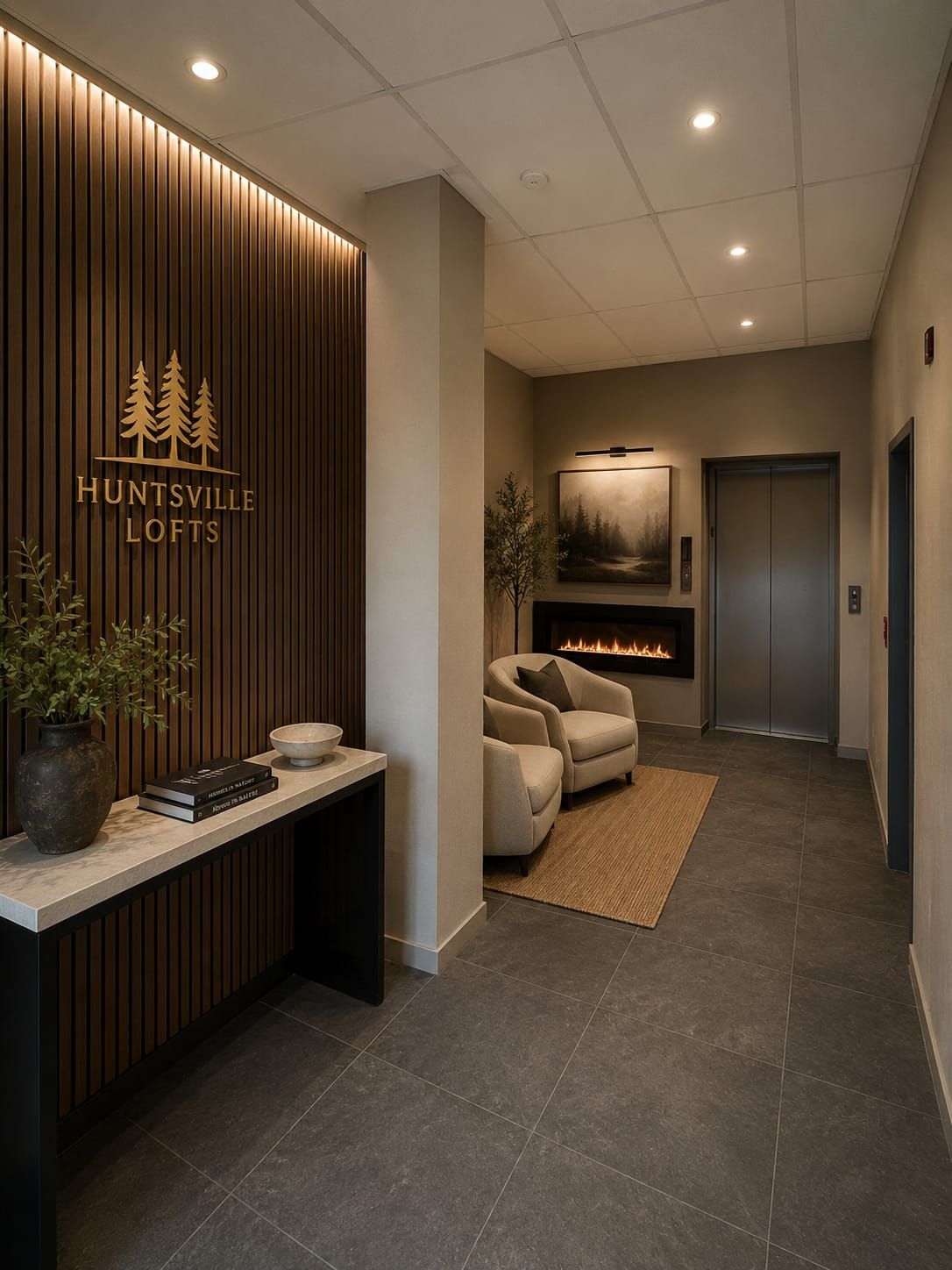 A modern reception area with a wooden panel wall, a fireplace, and a seating area.