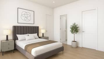 A modern bedroom with a large bed, bedside lamps, a potted plant, and a framed artwork on the wall.