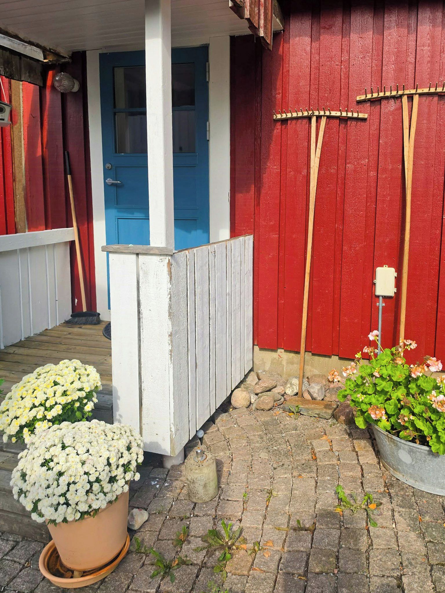 A porch with a blue door, a red wall, and potted plants.