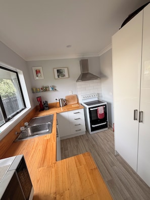 A modern kitchen with a built-in oven, a stainless steel sink, and wooden countertops.