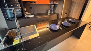 A modern kitchen with a black countertop, stainless steel appliances, and a wooden backsplash. - 518 RENT (Santa Cruz)