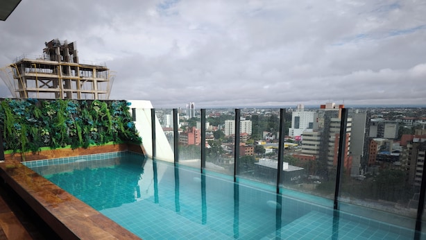 A rooftop infinity pool with a city view, surrounded by a wooden deck and a green wall with plants. - 518 RENT (Santa Cruz)