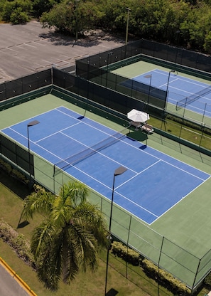 Ein Tennisplatz mit Netz, umgeben von einem Zaun und in der Nähe Palmen.