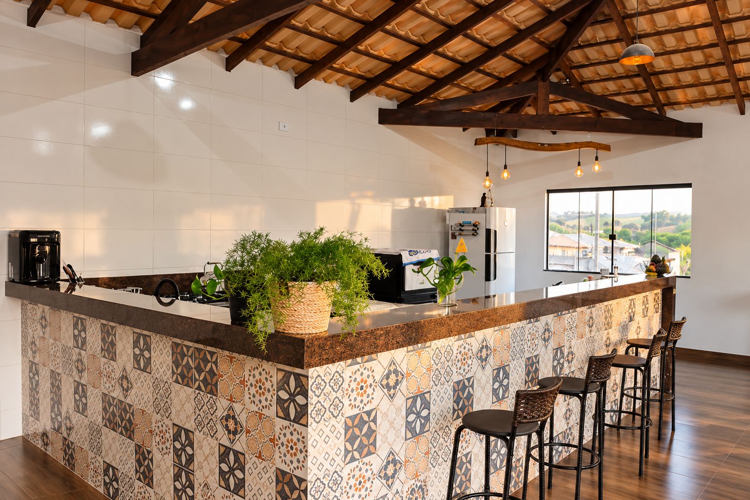 Une cuisine avec un coin bar, des carreaux décoratifs et une vue par la fenêtre.
