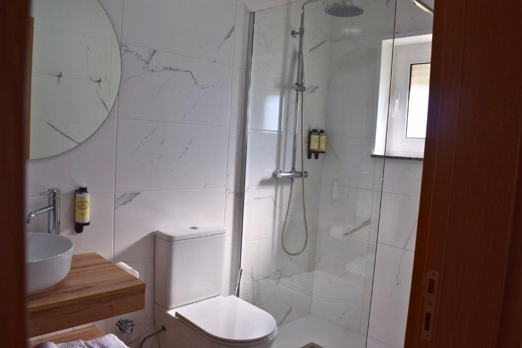 A bathroom with a marble wall, a toilet, a sink with a wooden countertop, and a shower enclosure.