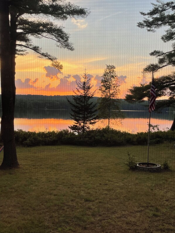 Una vista tranquilla su un lago, con un albero e un palo di bandiera sullo sfondo.