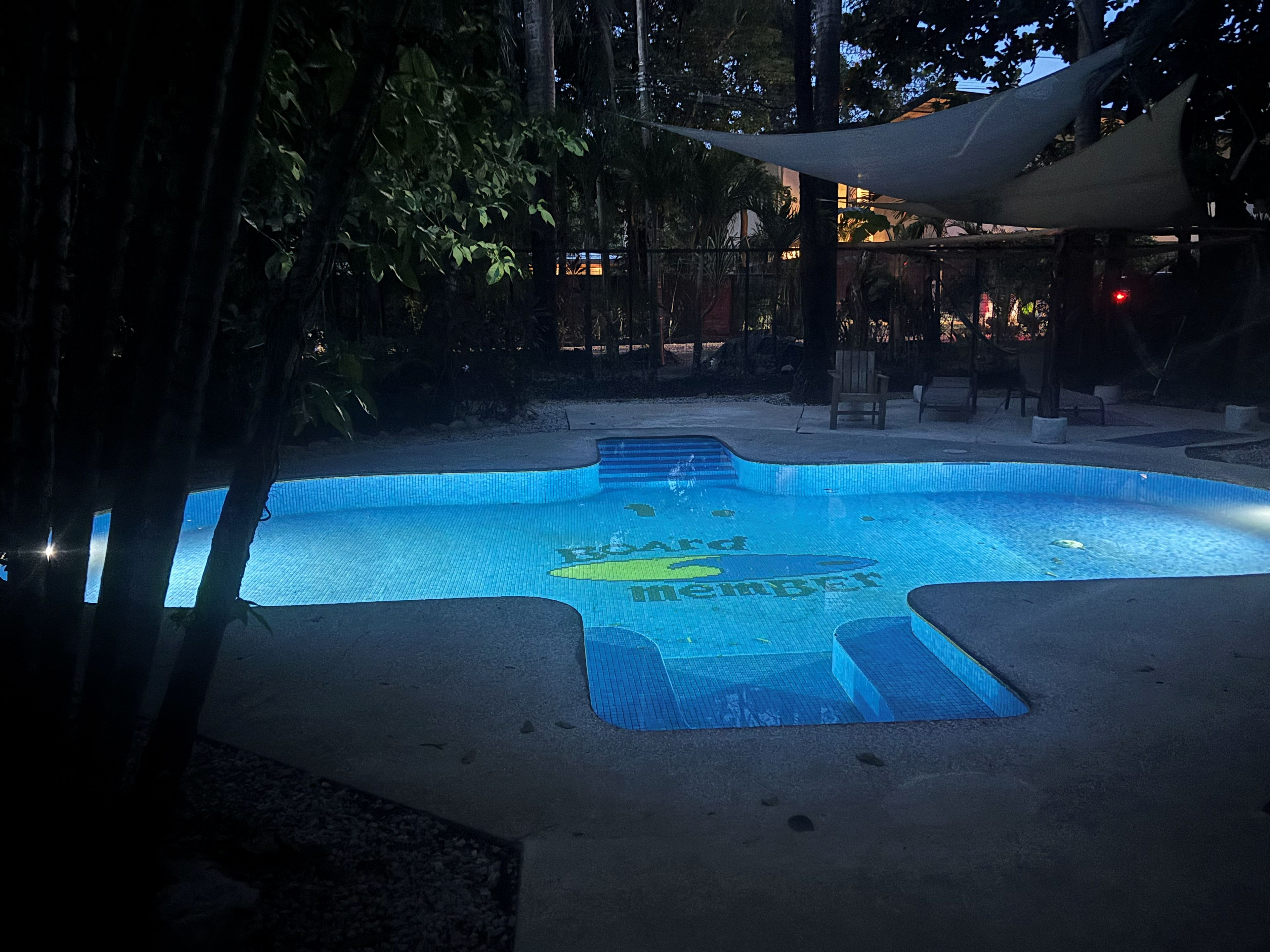 Una piscina con diseño de mosaicos y una zona con sombra.