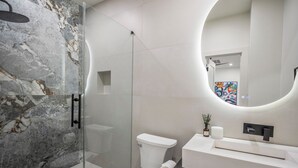 Une salle de bain moderne avec une douche à parois de verre, des toilettes et un meuble-lavabo avec un miroir.