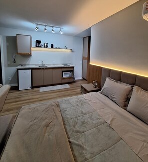 Un dormitorio moderno con una cama grande, mesitas de noche, un armario empotrado y una zona de kitchenette.