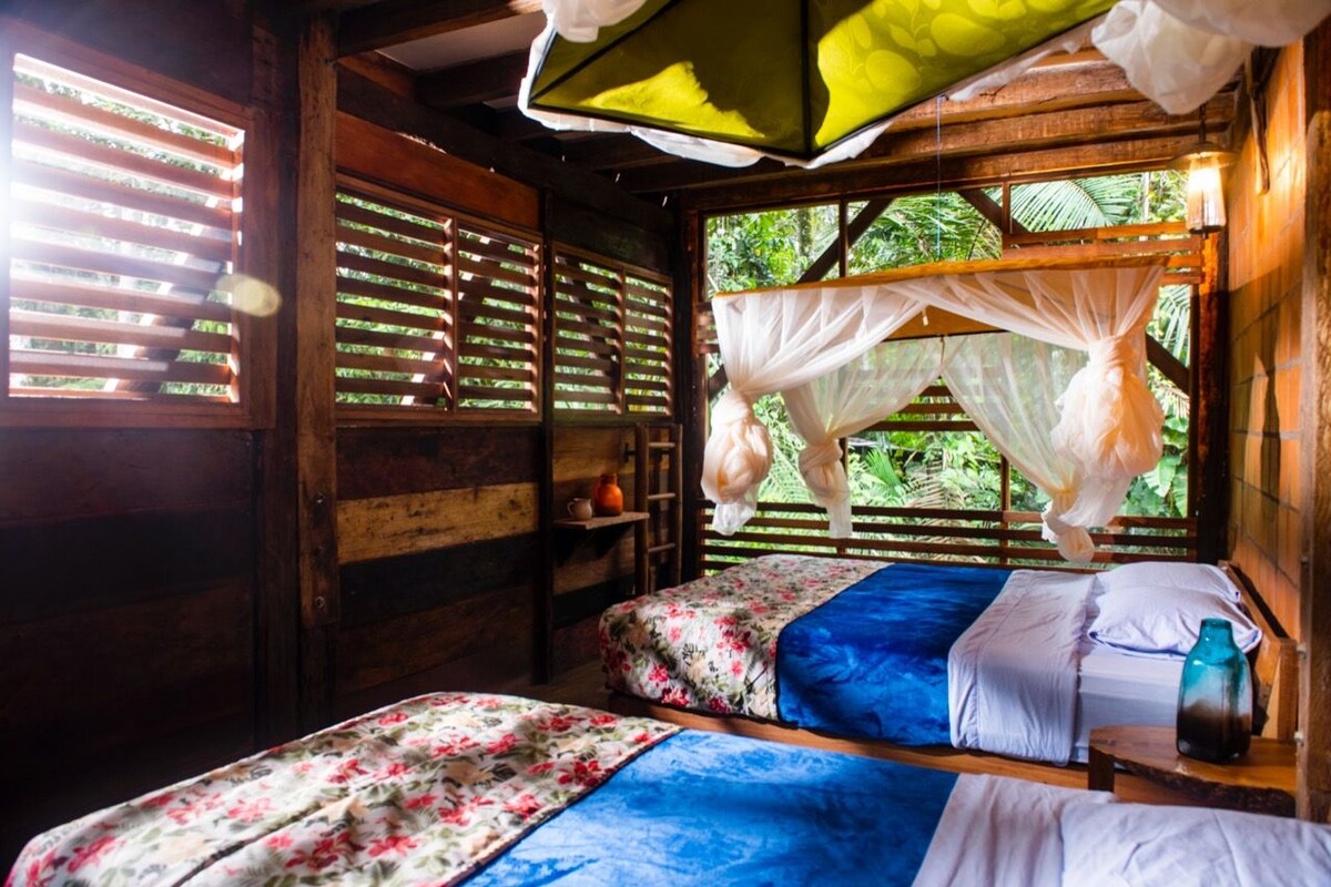A room with two beds, a window with blinds, a mosquito net, and a wooden interior.