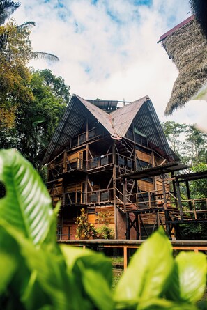A multi-level wooden structure with a thatched roof, surrounded by lush greenery. - Cuybeno Jamu Lodge  (Sucumbíos)