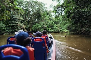 A group of people in a boat on a river surrounded by dense greenery.