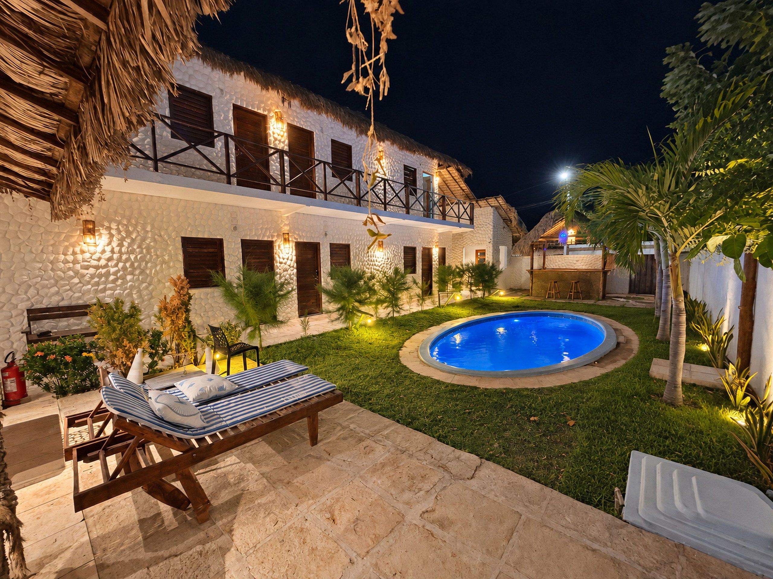 Zona de piscina amb una cadira relaxant, una piscina petita i un edifici amb façana de pedra i persianes de fusta.