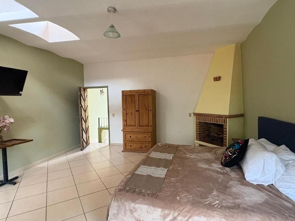 Un dormitorio con una cama, televisor, armario de madera, chimenea y tragaluz.