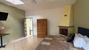 Un dormitorio con una cama, televisor, armario de madera, chimenea y tragaluz.