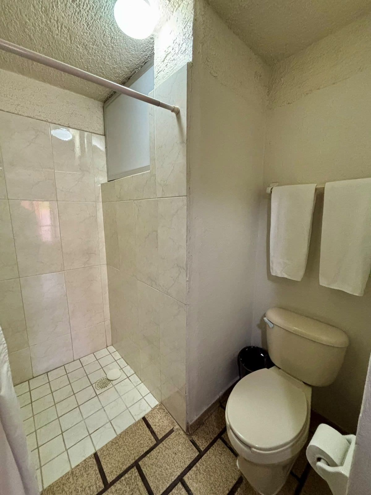 Un baño con ducha, inodoro y perchero para toallas.