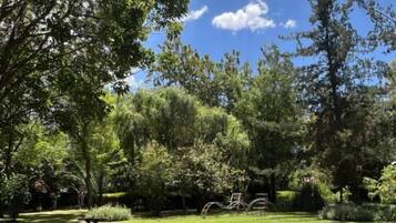A well-maintained garden with a picnic table and a bicycle.