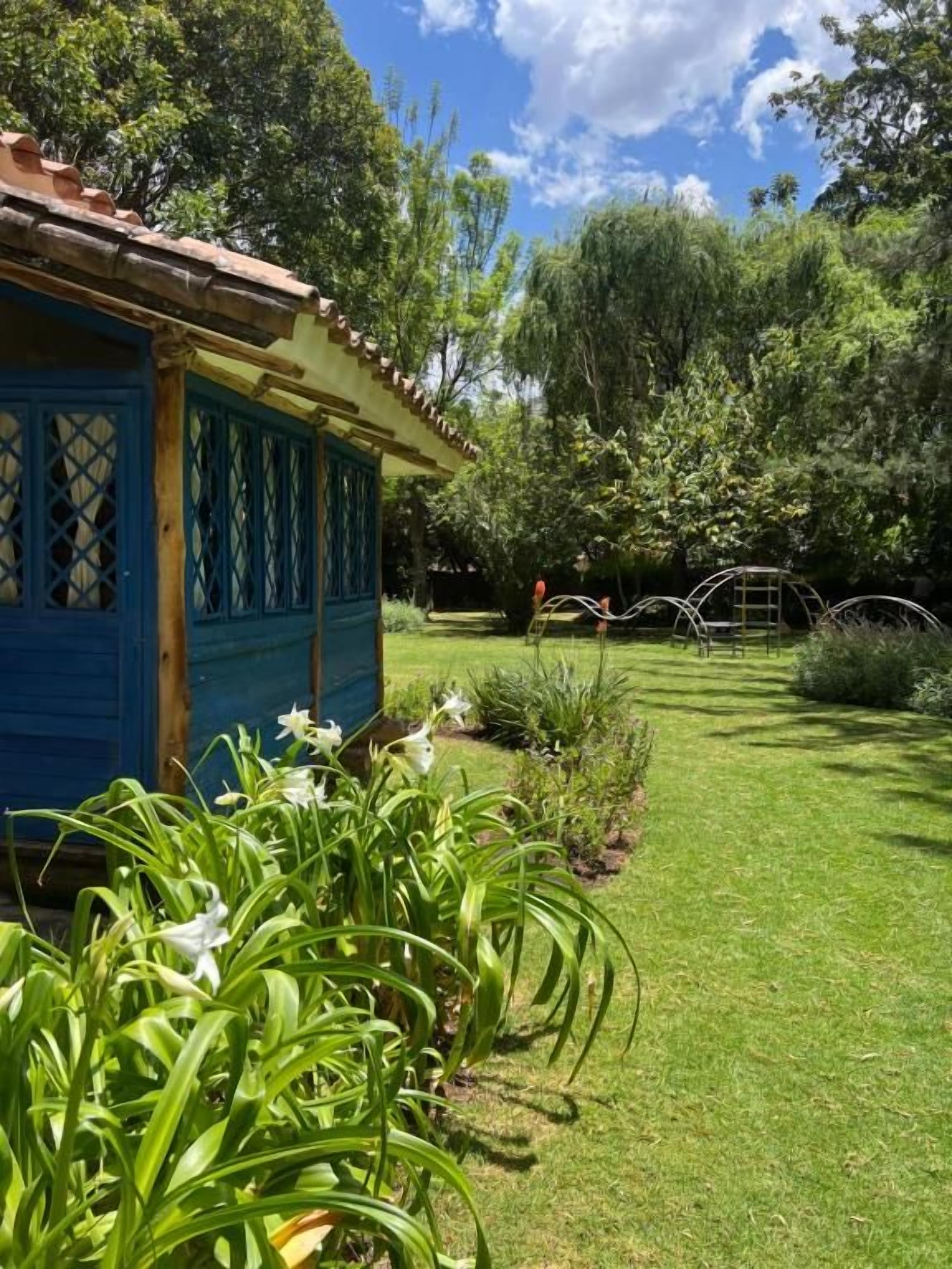 A garden with a blue building, lush greenery, and a clear sky.