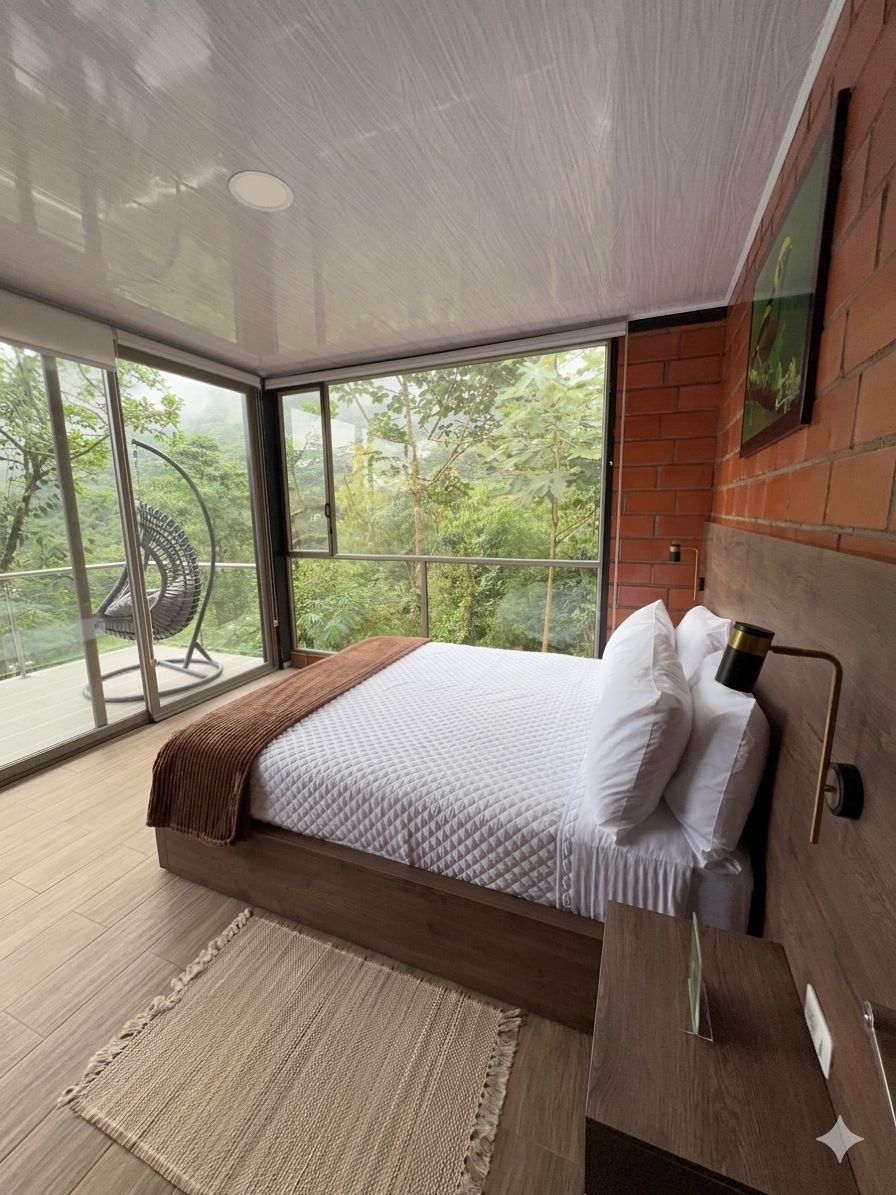 Quarto moderno com uma cama grande, vista para área verde através de amplas janelas e cabeceira de madeira.