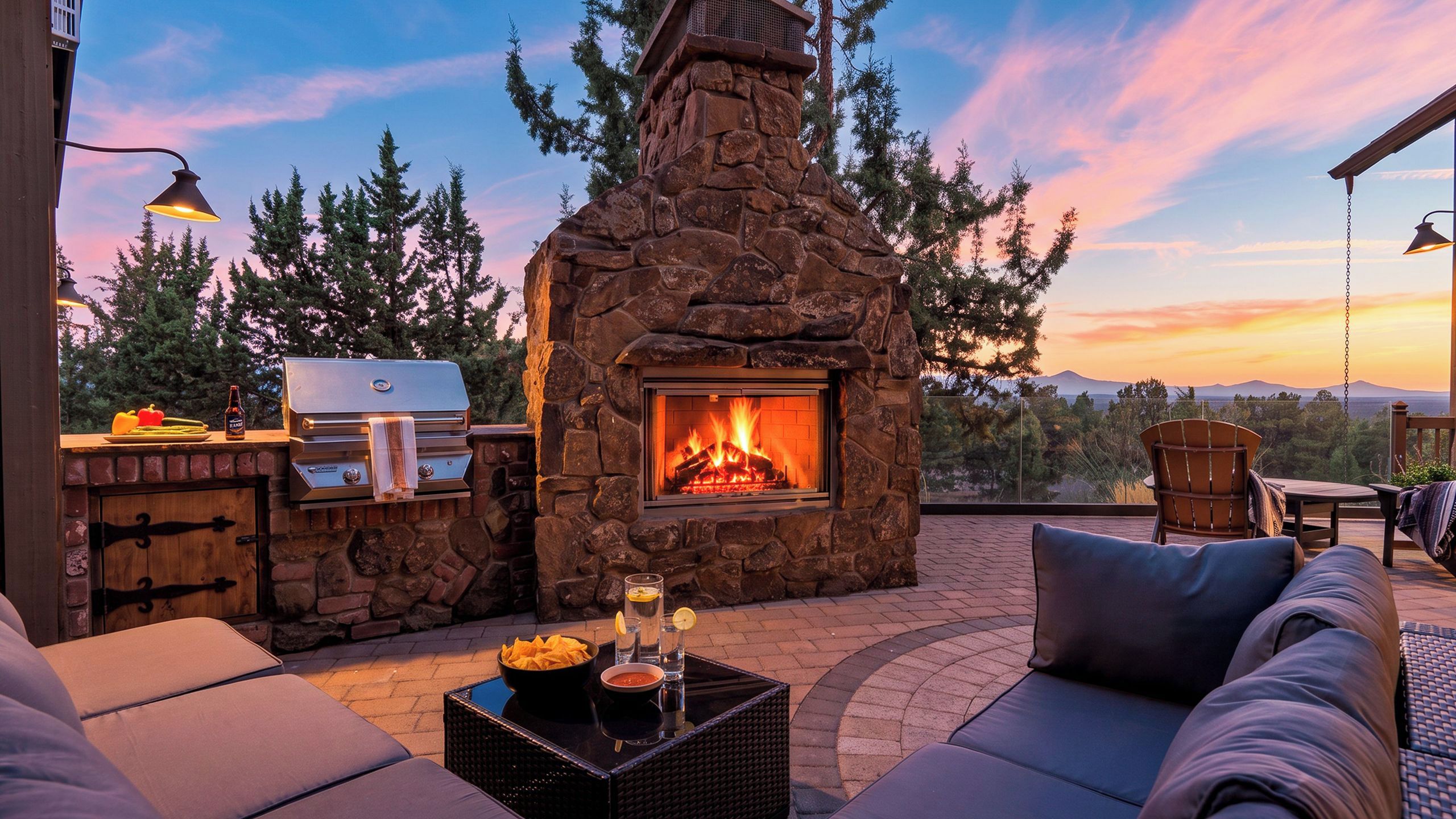 A stone fireplace with a fire, outdoor seating, a grill, and a scenic view.