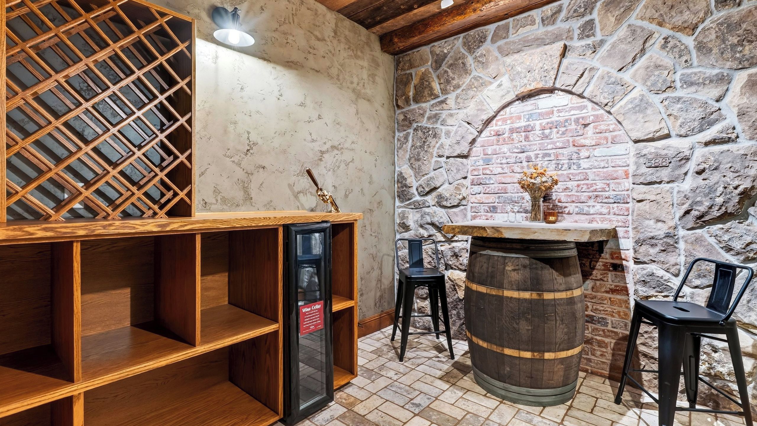 A wine cellar with wooden shelves, a wine rack, a barrel, and two chairs.