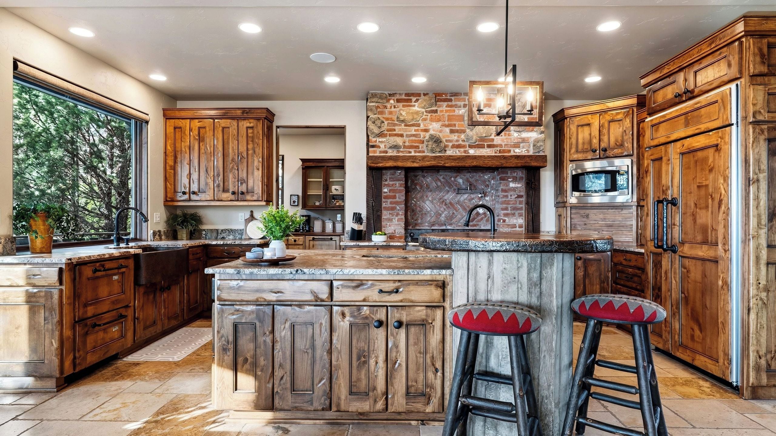 A spacious kitchen with wooden cabinets, a stone fireplace, and a large island with stools.