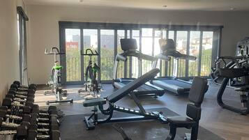 A gym with exercise equipment, a bench, and a treadmill.