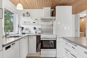 A modern kitchen with white cabinetry, stainless steel appliances, and a wooden ceiling. - Charming Holiday Home by Ringkøbing Fjord (Skjern)