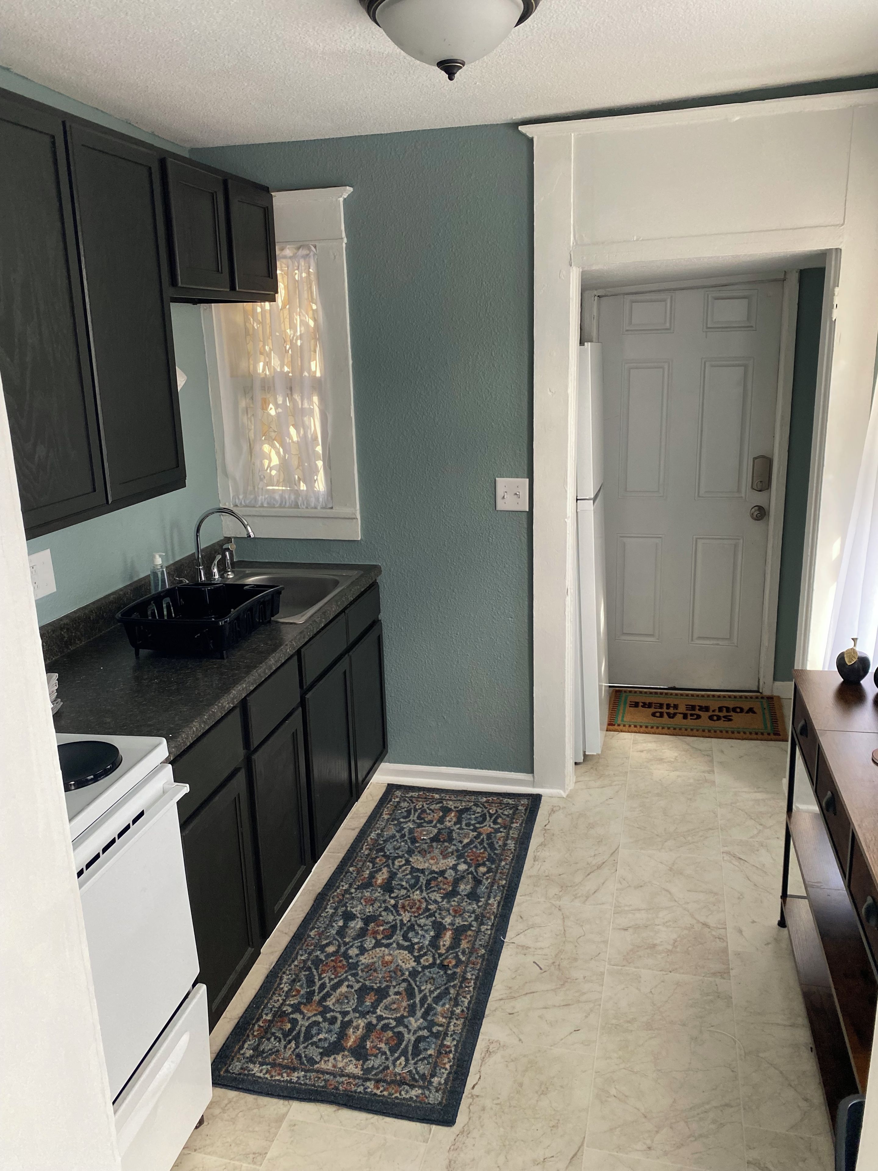 A compact kitchen with dark cabinets, a sink, and a stove. A patterned rug is on the floor, and a white door is visible in the background.
