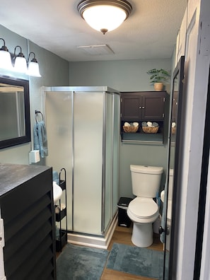 Ein Badezimmer mit Duschkabine, Toilette und einem Schrank mit Körben.