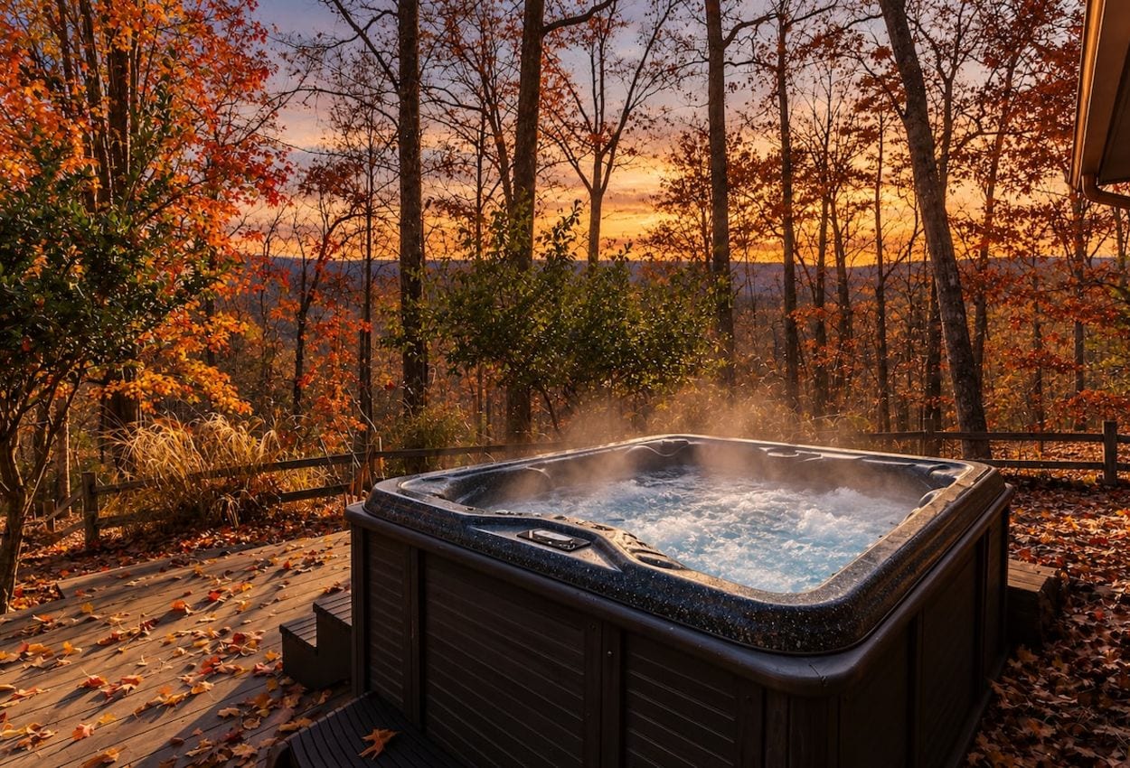 Un bain à remous entouré d’arbres aux feuilles d’automne, installé sur une terrasse en bois.