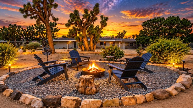 A nighttime outdoor seating area with a fire pit, chairs, and a view of the Milky Way. - Casa Sol, Fire Pit, Games, BBQ, Stargazing, More (Yucca Valley)