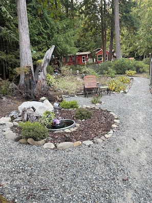 A garden with a gravel path, a wooden bench, and a small pond.