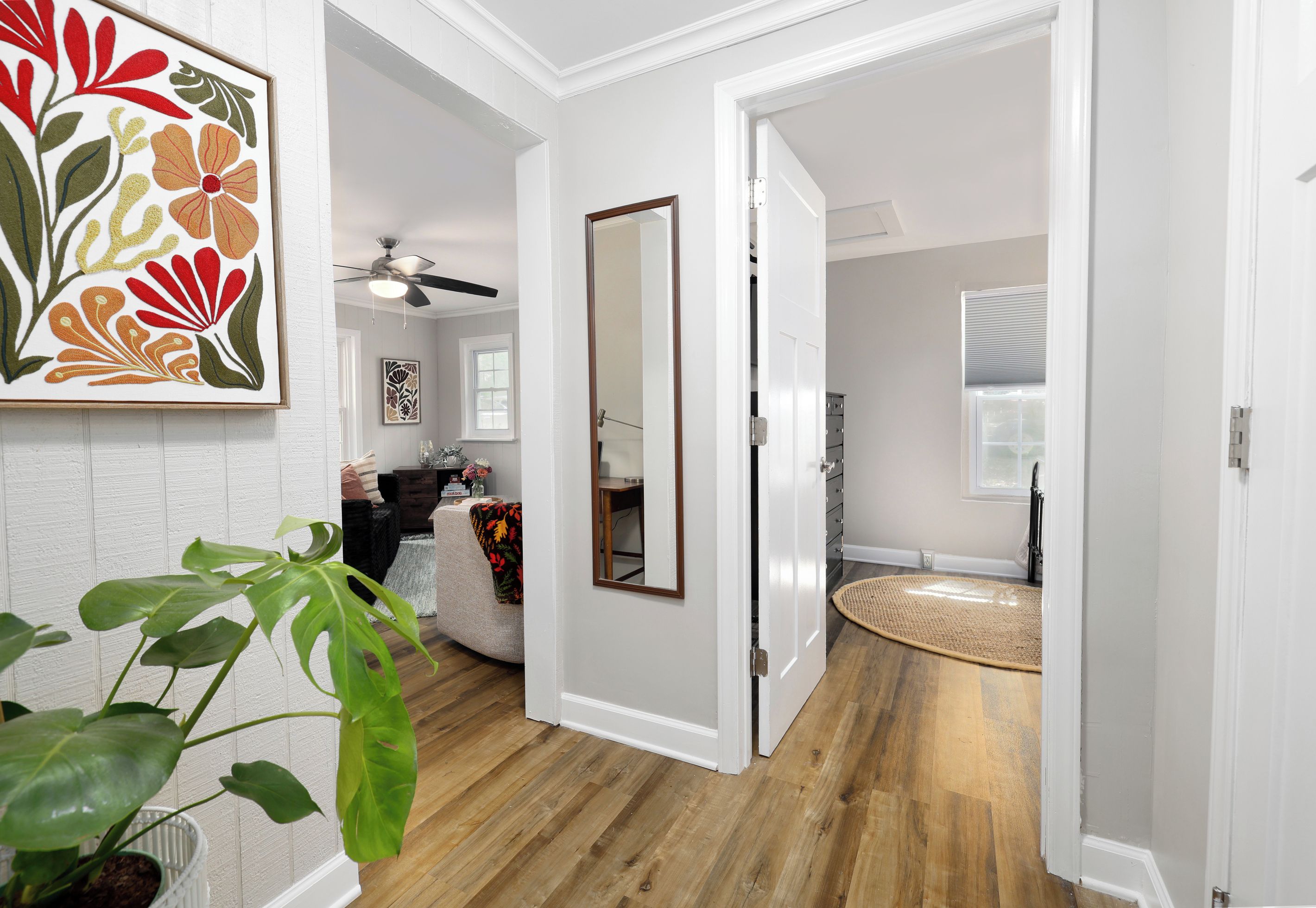 Un couloir avec un plancher en bois, une porte blanche et un miroir. On aperçoit une plante au premier plan.